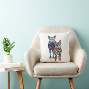 Whimsische Franse Bulldogs Folk Art Doodle Vierkan Kussen