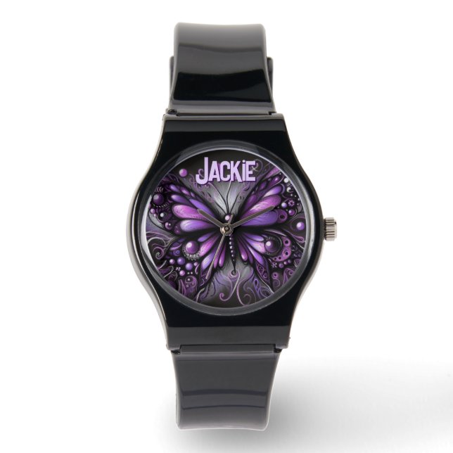 Whimsische Gotische Vlinder Paars Gepersonaliseerd Horloge (Voorkant)