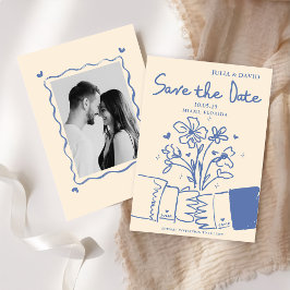 Whimsische handgetekende blauwe bloemige trouwdag save the date