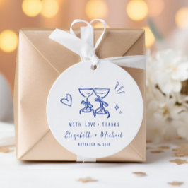 Whimsische handgetekende blauwe crèmekleurige trou bedankjes labels