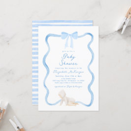 Whimsische handgetekende blauwe strik jongens baby kaart