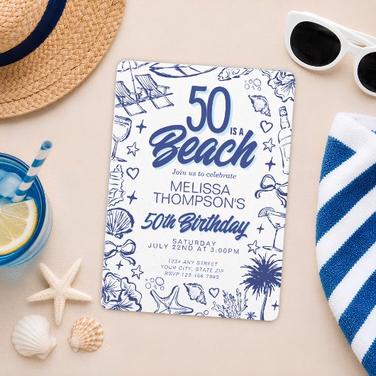 Whimsische handgetekende Doodle 50ste strand verja Kaart