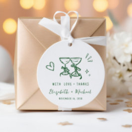 Whimsische handgetekende groene trouwkaartjes met bedankjes labels