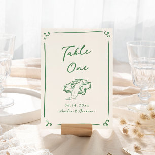 Whimsische handgetekende groene vintage auto tafel kaart