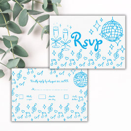 Whimsische handgetekende krabbelblauwe trouw-RSVP  Informatiekaartje