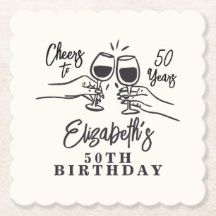 Whimsische handgetekende proost op 50 jaar verjaar kartonnen onderzetters