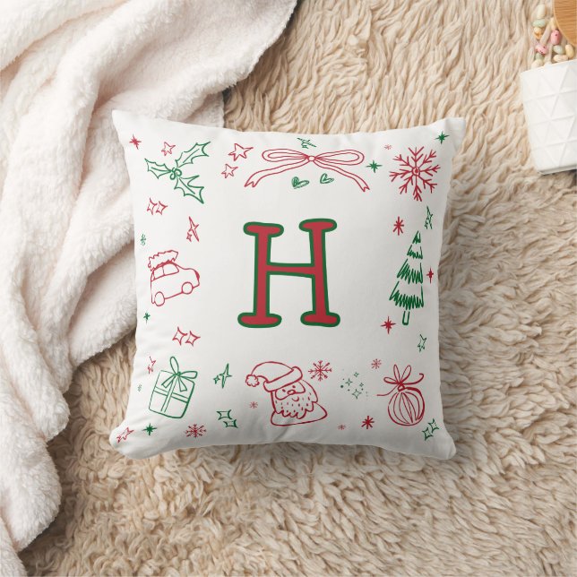 Whimsische handgetekende stijl Monogram Festief Kussen (Deken)