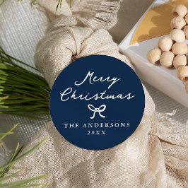 Whimsische handgetekende strik navy kerst ronde sticker