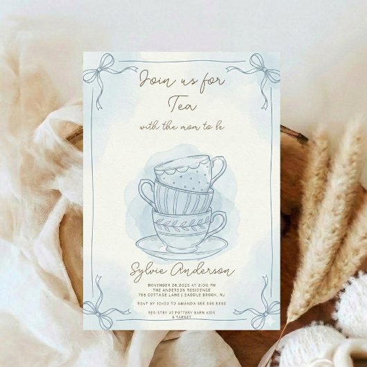 Whimsische handgetekende theebabyborrel kaart