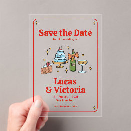 Whimsische handgetekende vette rode save the date acryl uitnodigingen