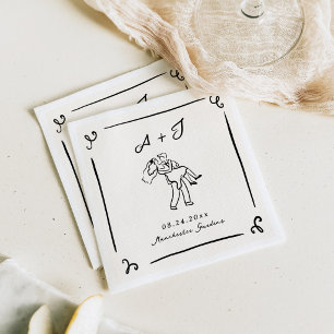 Whimsische handgetekende vintage auto huwelijksser servet