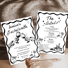 Whimsische handgetekende zwarte cocktail vrijgezel kaart