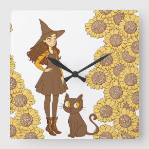 "Whimsische Heks en Kat Zonnebloem Wandklok" Vierkante Klok