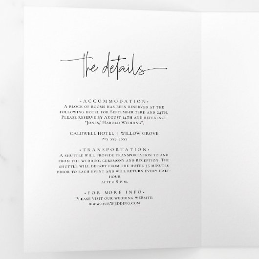 Whimsische kalligrafie Elegante bruiloft Drieluik Uitnodiging (Binnenzijde eerst)