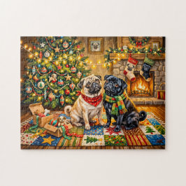 Whimsische Kerst Cottage Dweil Hond Illustratie Legpuzzel
