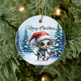 Whimsische Kerstelf met Suikerstok. Keramisch Ornament