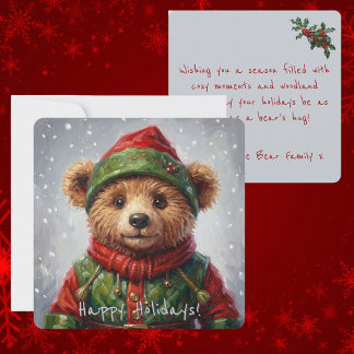 Whimsische Kerstelf Teddybeer Schilderstijl Feestdagenkaart