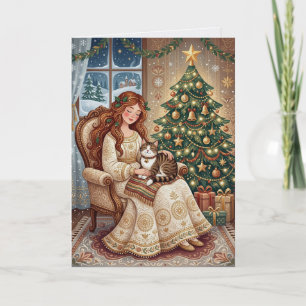 Whimsische Kerstkat & Winter Juffrouw Kunstkaart Kaart