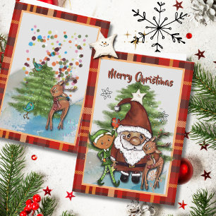 Whimsische Kerstman, Hert & Elf Jongen Geruite Ker Feestdagen Kaart