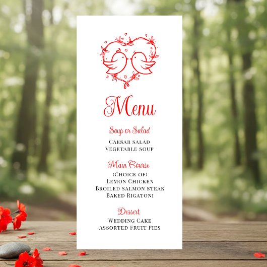 Whimsische Liefdesvogels Rood Hart Tuin Trouw Menu