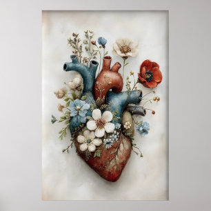 Whimsische Menselijke Hartbloemenprint, Anatomisch Poster