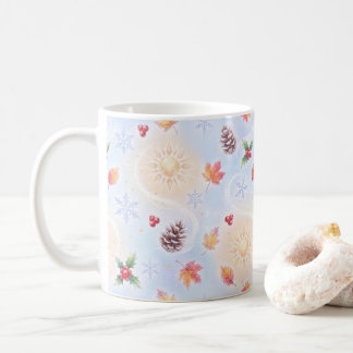Whimsische overgang van herfst naar winter seizoen koffiemok