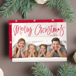 Whimsische rode script Kerstmis foto Feestdagenkaart