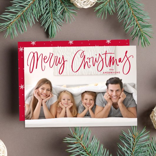 Whimsische rode script Kerstmis foto Feestdagenkaart