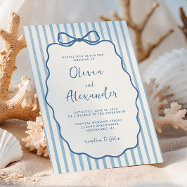 Whimsische Streep Boog Stof Blauw Ivoor Trouwfeest Kaart