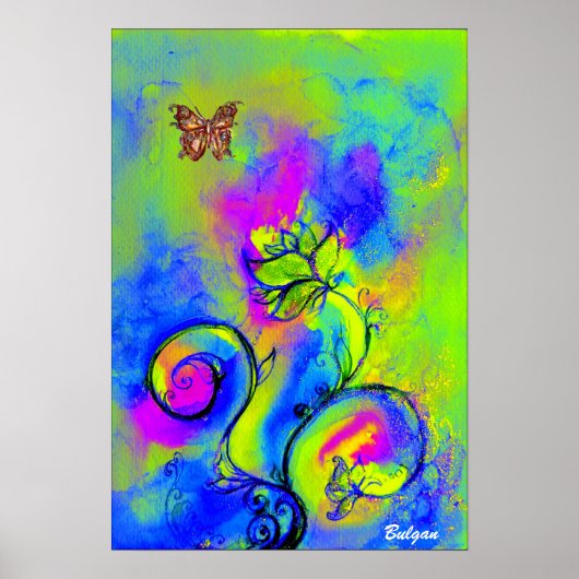WHIMSISCHE STROMEN EN BUTTERFLIES blauw groen geel Poster (Voorkant)