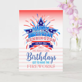 Whimsische verjaardag met vuurwerk op 4 juli kaart