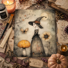 Whimsische Vintage Heks en Paddenstoel Decoupage Tissuepapier