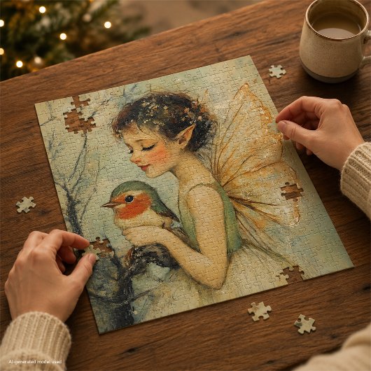 Whimsische Vintage Kerstelf met Roodborstje Legpuzzel