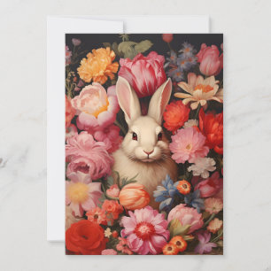 Whimsische Vintage Konijn Lente Bloemen Feestdagenkaart