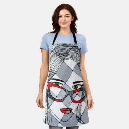 Whimsische Vrouw Portret Rode Bril Geometrisch Neu Schort