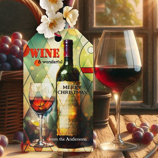 Whimsische wijnkunst vrolijk kerstfeest cadeaulabel