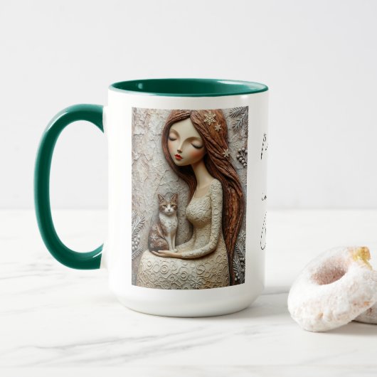 Whimsische Winterkat Fee Mok  (Met donut)