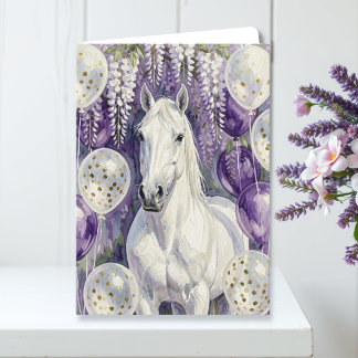 Whimsische Witte Paard Onder Blauweregen Verjaarda Kaart