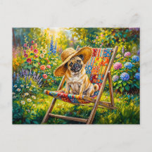 Whimsische Zomer Tuin Mops Hond Illustratie