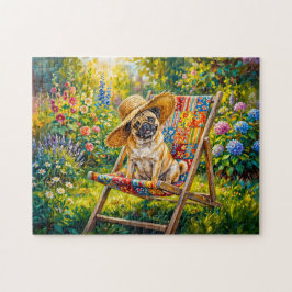Whimsische Zomer Tuin Mops Hond Illustratie Legpuzzel