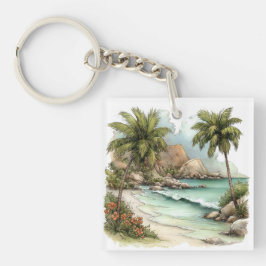 WHIMSISE ZOMER ZANDSTRAND SCÈNE SLEUTELHANGER