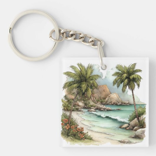 WHIMSISE ZOMER ZANDSTRAND SCÈNE SLEUTELHANGER (Voorkant)