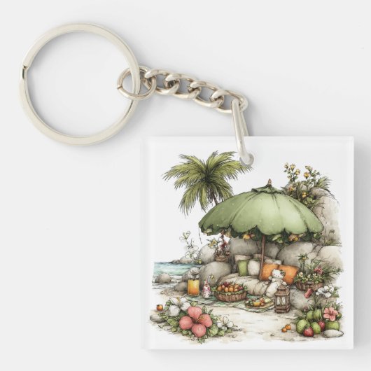 WHIMSISE ZOMER ZANDSTRAND SCÈNE SLEUTELHANGER (Voorkant)