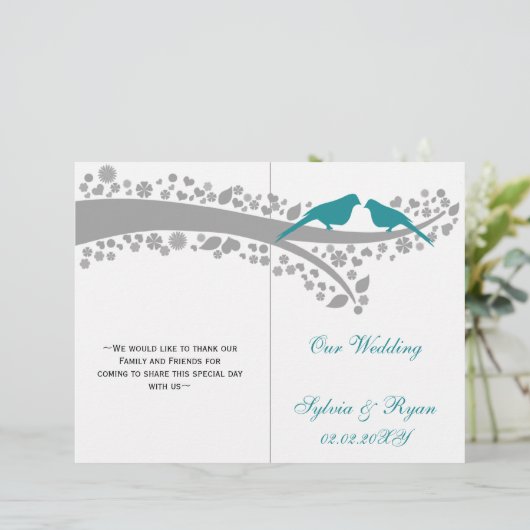 whimsy aqua lovebird folded Wedding Programme (Staand voorkant)