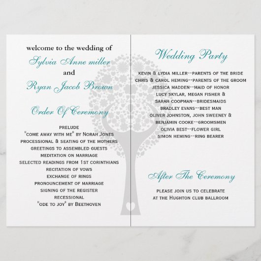 whimsy aqua lovebird folded Wedding Programme (Achterkant)