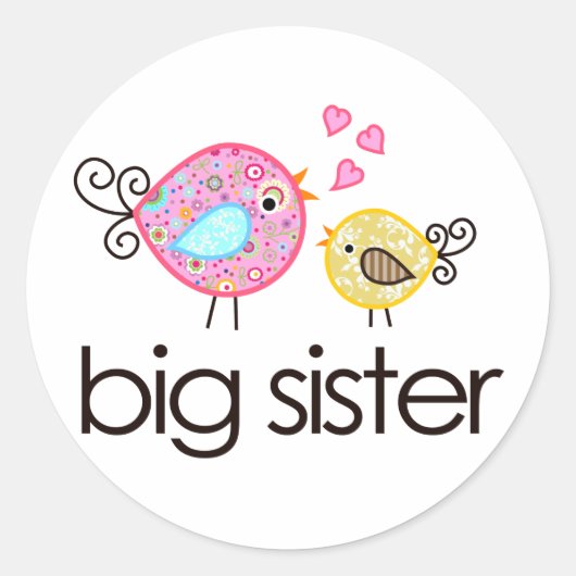 Whimsy Birds Big Sister T-shirt Aankondiging Ronde Sticker (Voorkant)