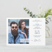 Whimsy Bliss Blue Jeans Inspired Photo QR Save The Date (Staand voorkant)