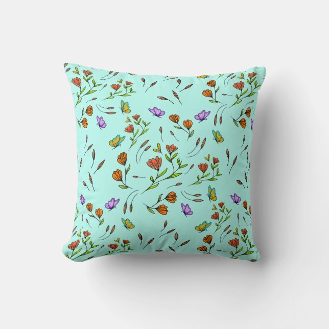Whimsy Bloom Bloemstuk – Handgetekende Botanische  Kussen (Voorkant)