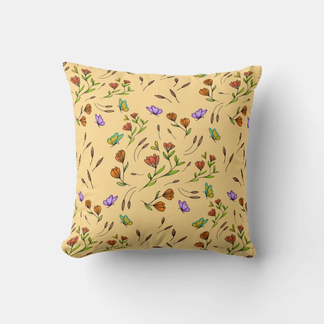 Whimsy Bloom Bloemstuk – Handgetekende Botanische Kussen (Voorkant)