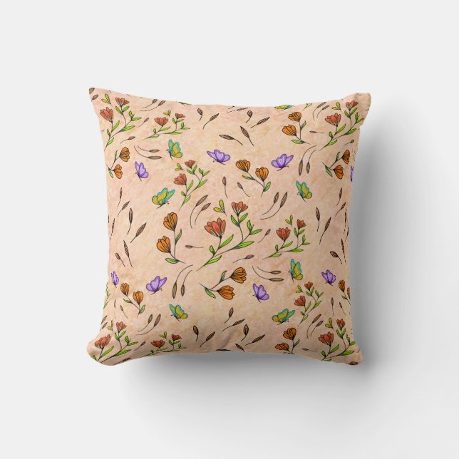 Whimsy Bloom Bloemstuk – Handgetekende Botanische  Kussen (Voorkant)